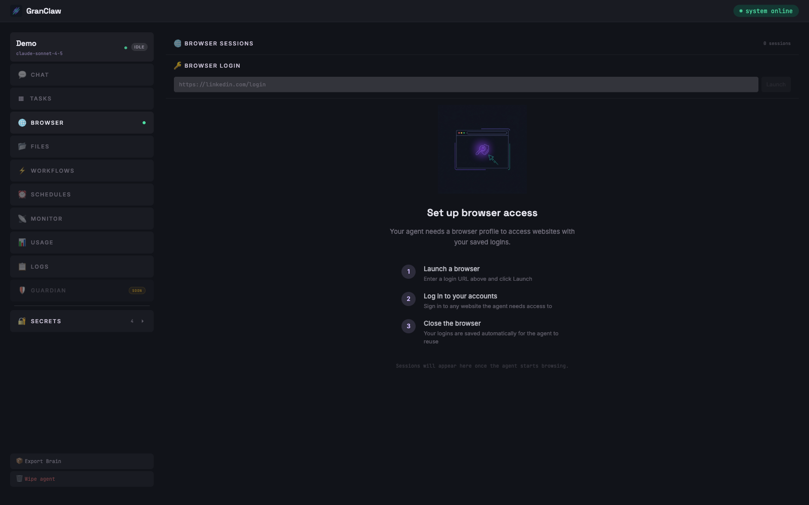 GranClaw browser onboarding — save a real browser session for LinkedIn