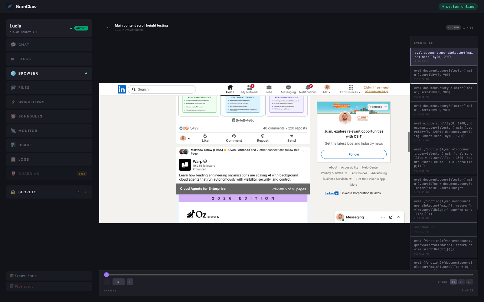 GranClaw browser session player — screenshots timeline and DOM command log